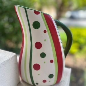 VGC Bella Casa by Ganz. Red Striped Pitcher, Green Handle Polka Dots 9" Holiday